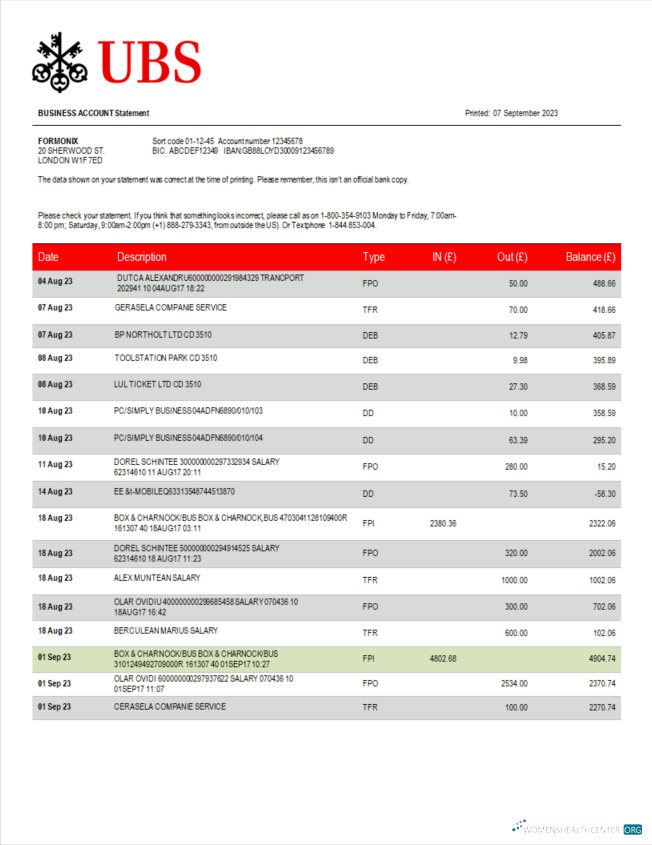 Download UBS Bank corporate checking account statement Word and PDF template Photoshop template